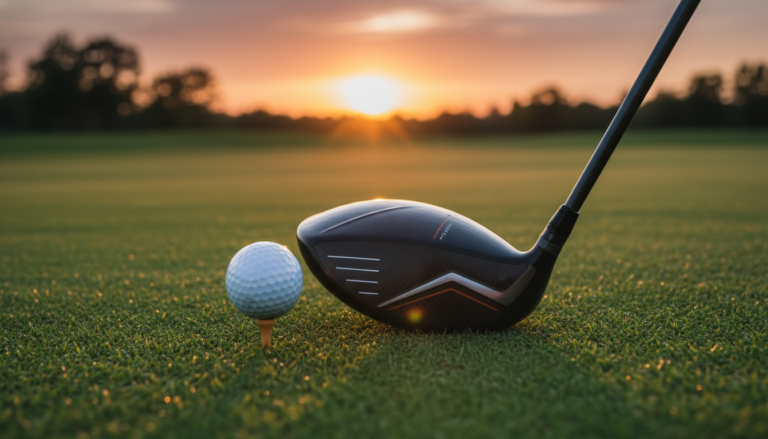 A modern high-forgiveness golf driver and ball on a tee at a golf course