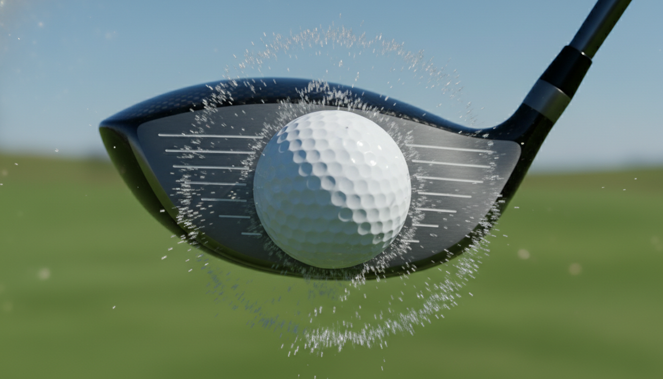 Close up of a golf ball compressing at the moment of impact with a driver showing energy transfer.