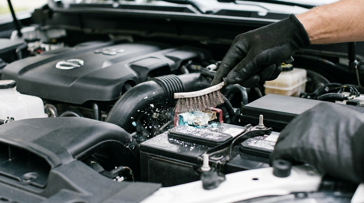 Cleaning corroded Chevy truck battery terminals with a wire brush to fix starting clicks.