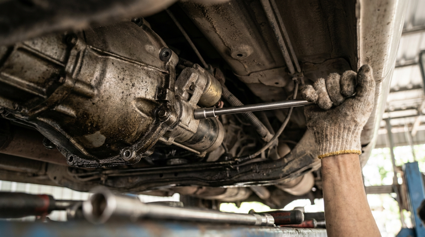Tapping a Chevy truck starter motor with a tool to bypass a dead spot.