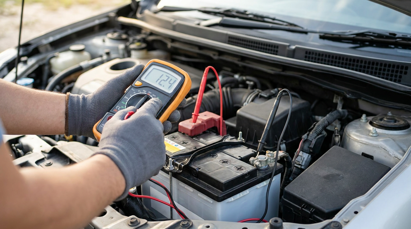Testing a Chevy truck battery voltage with a digital multimeter to diagnose starting issues.