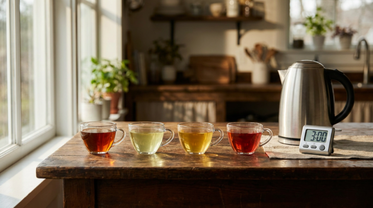 Four glass teacups of black, green, oolong, and herbal tea on a wooden table with a kettle and timer