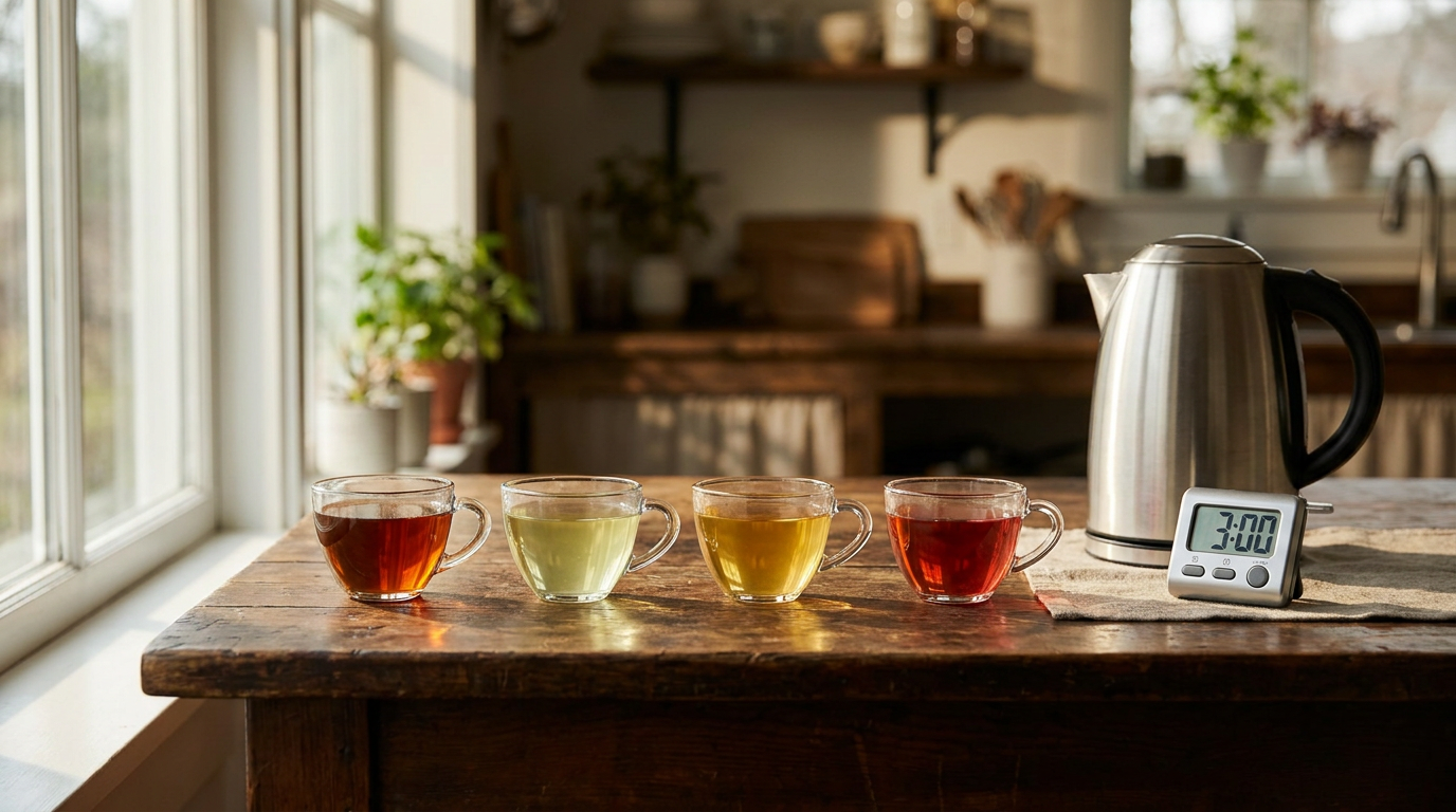 Four glass teacups of black, green, oolong, and herbal tea on a wooden table with a kettle and timer