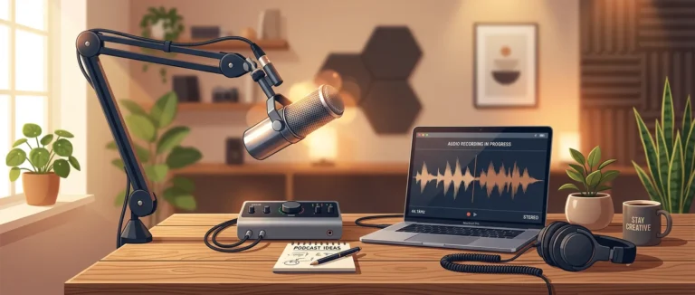 A professional podcasting setup on a desk with a dynamic microphone in a clean, brightly lit workspace.