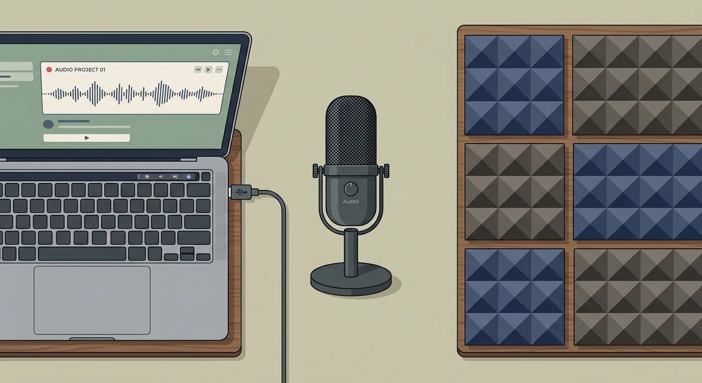 A minimalist flat-lay of basic podcasting gear including a USB microphone and sound foam.