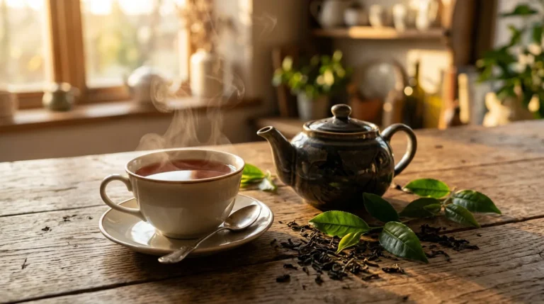 A perfectly brewed cup of black tea steaming gently on a wooden table, next to a teapot and fresh tea leaves, illustrating how to make tea.