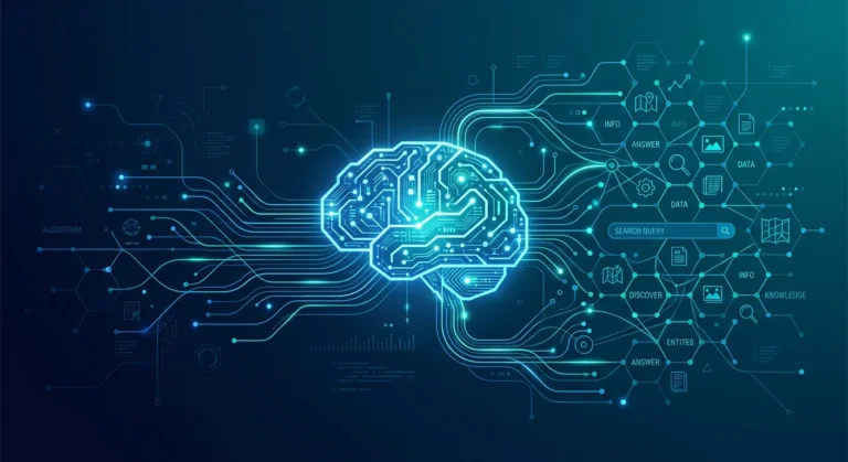 Conceptual illustration of a digital brain linked to a search engine graph representing SEO and AEO optimization.