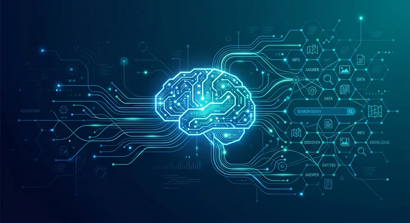Conceptual illustration of a digital brain linked to a search engine graph representing SEO and AEO optimization.
