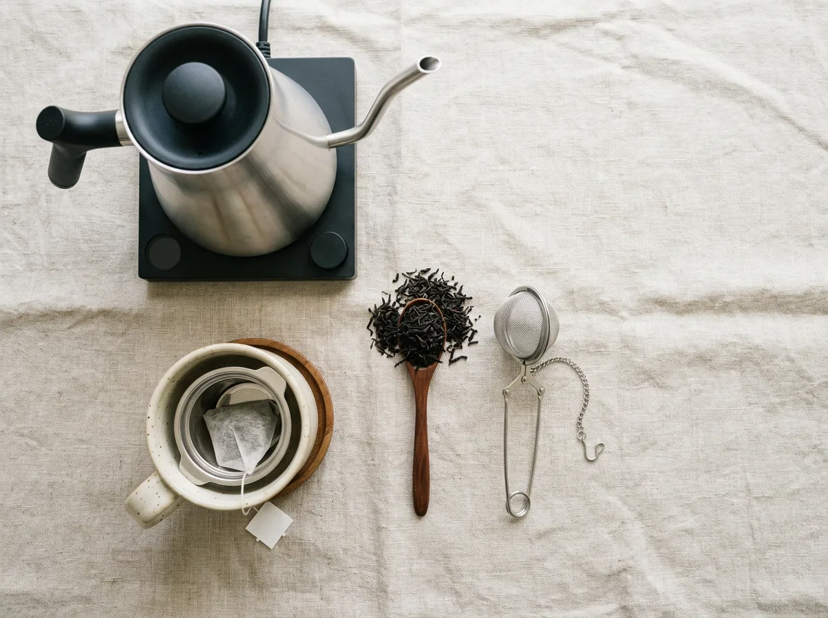 A flat lay showing essential equipment for making tea: an electric kettle, a ceramic mug, a tea bag, loose-leaf tea, and a tea infuser.
