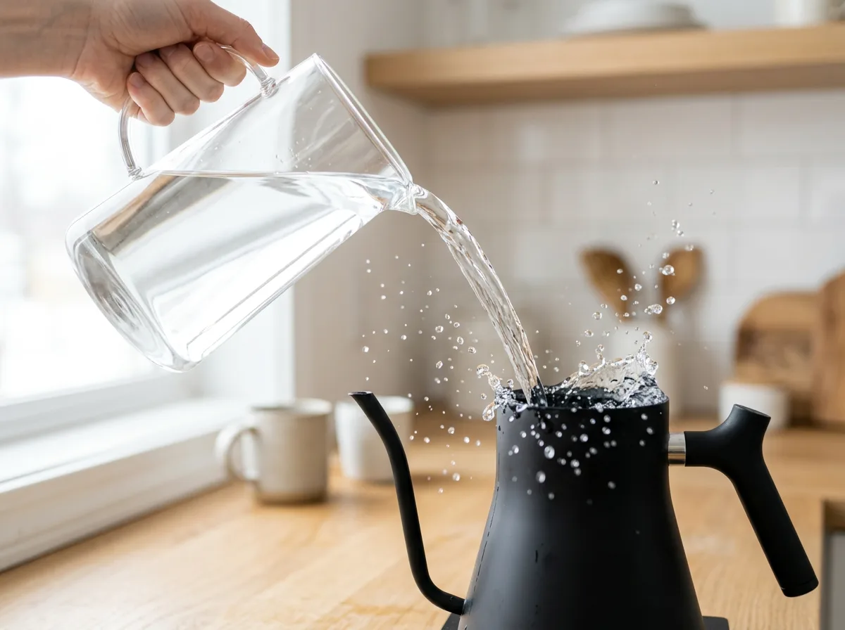 Fresh, filtered water being poured from a glass pitcher into a modern kettle for optimal tea brewing.