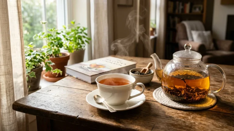 A steaming, freshly brewed cup of black tea on a wooden table next to a glass teapot, illustrating how to make the perfect cup of tea.