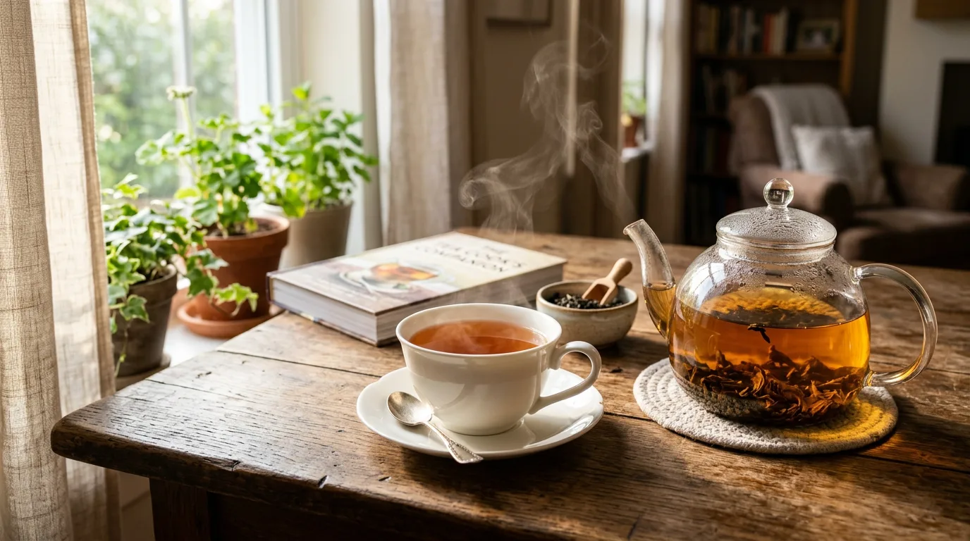 A steaming, freshly brewed cup of black tea on a wooden table next to a glass teapot, illustrating how to make the perfect cup of tea.