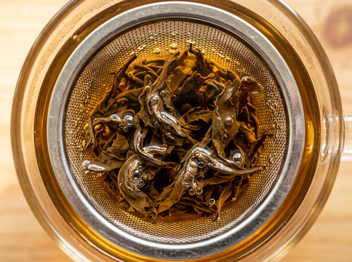 A top-down macro shot of loose tea leaves expanding inside a stainless steel mesh infuser submerged in hot water.
